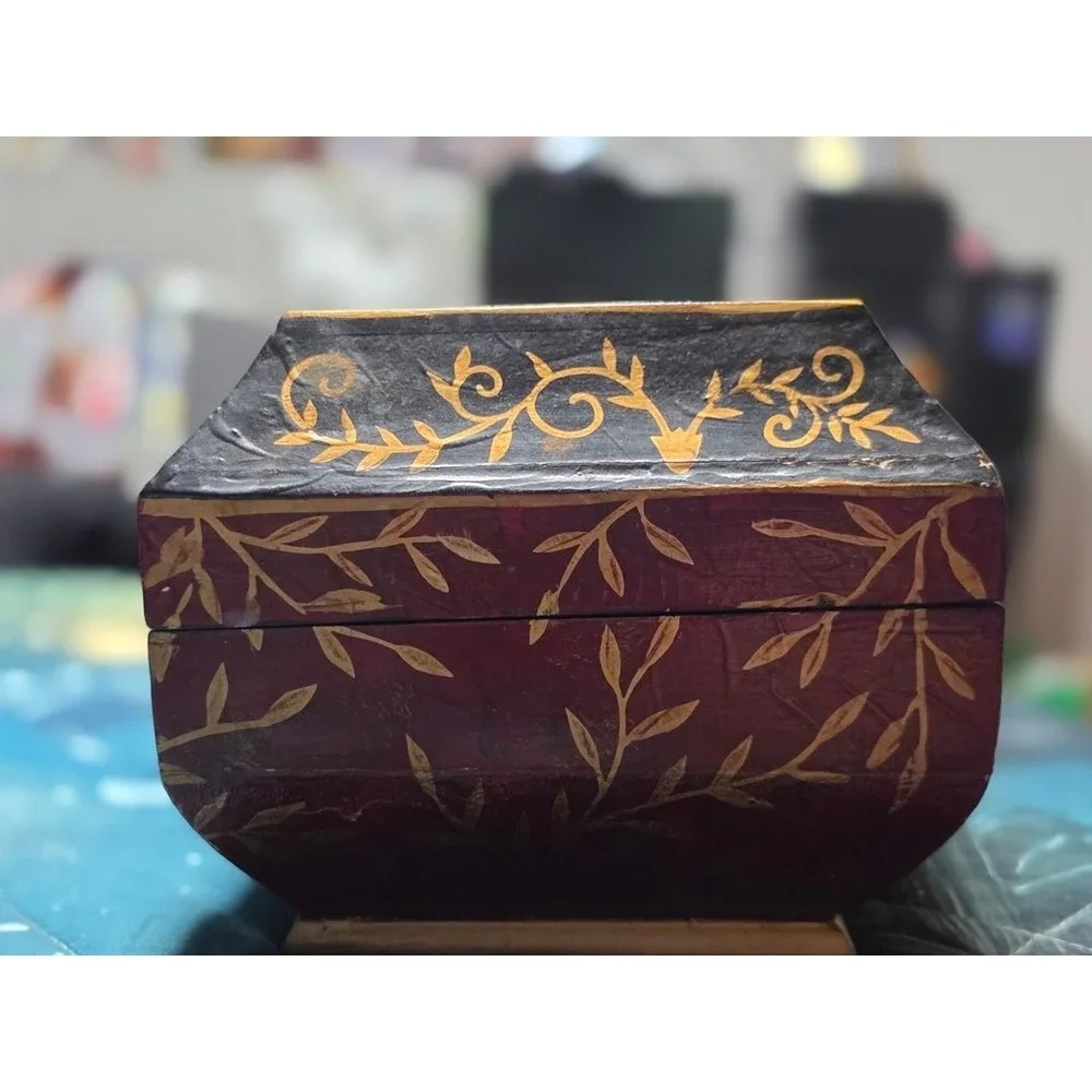 Vintage Hand-Painted Wooden Jewelry Box Floral Gold Red Black Antique Style